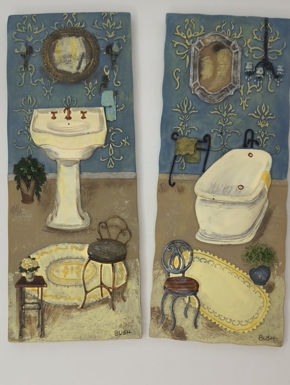 Vintage-Style Bathroom Wall Plaques in Blue and Cream
